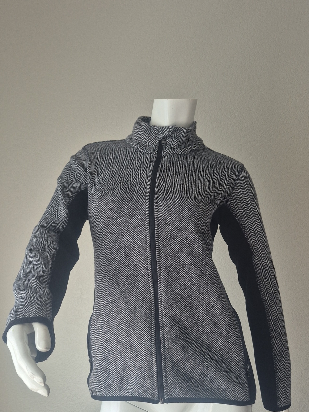 Gray Herringbone Zip Utility Jacket with Black Panels